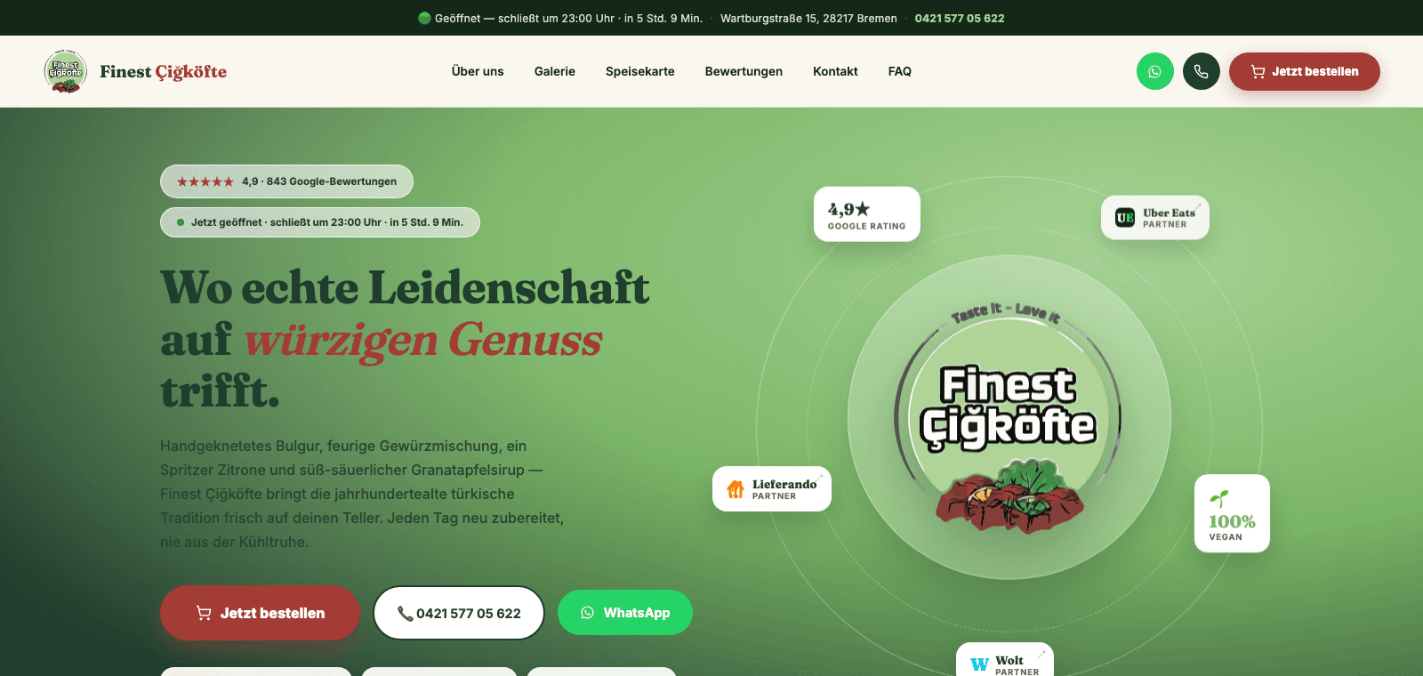 Screenshot der Website von Finest Çiğköfte